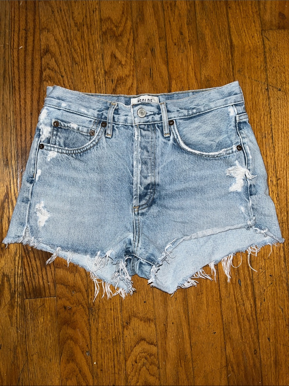 Agolde Parker Button Fly Distressed Blue Denim Shorts Size 24 - Picture 3 of 12